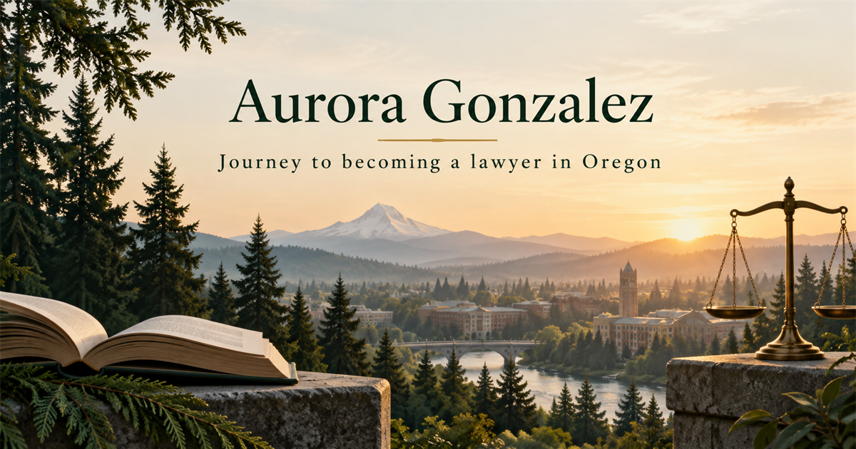 Illustrated Oregon landscape with an open book and scales of justice